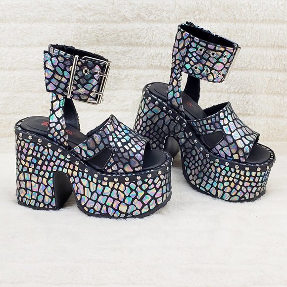 Camel 102 Black Stone Print Hologram Platform Sandals Goth Punk - Picture 10 of 10
